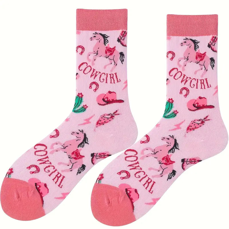 Pink socks with cowgirl-themed design on a white background