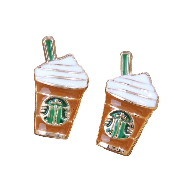 Starbucks-themed earrings shaped like a frappuccino on a gold fabric background