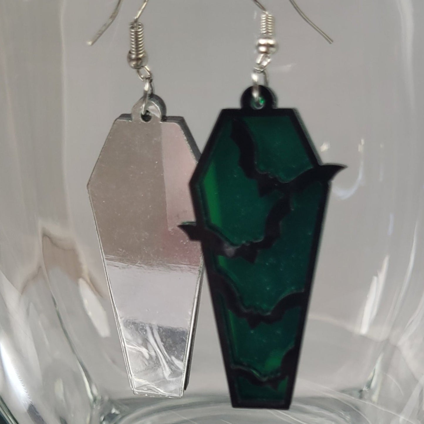 Coffin Shaped Dangle Earrings Green Mirror Halloween Theme