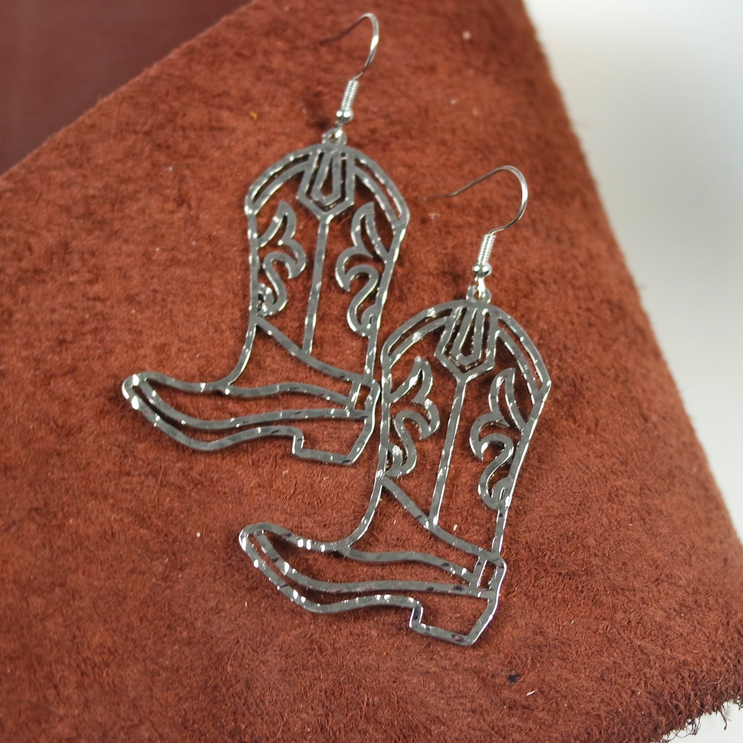 Cowboy Boot Textured Metal Cutout Design Dangle Earrings