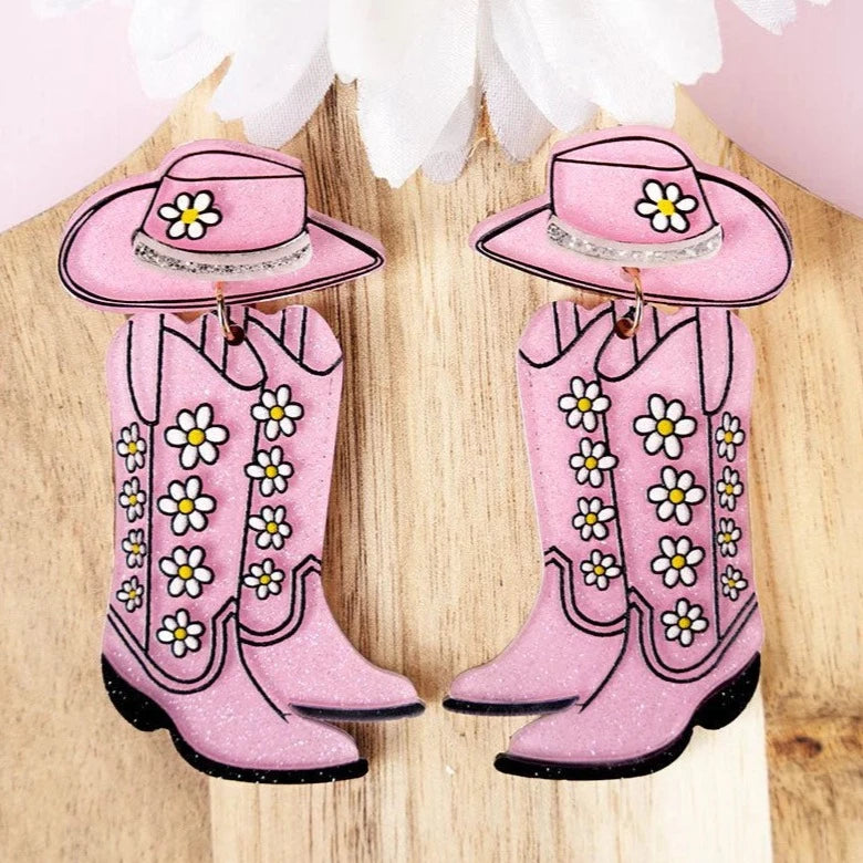 Cowboy Boots and Daisies Acrylic Dangle Earrings Pink and Yellow