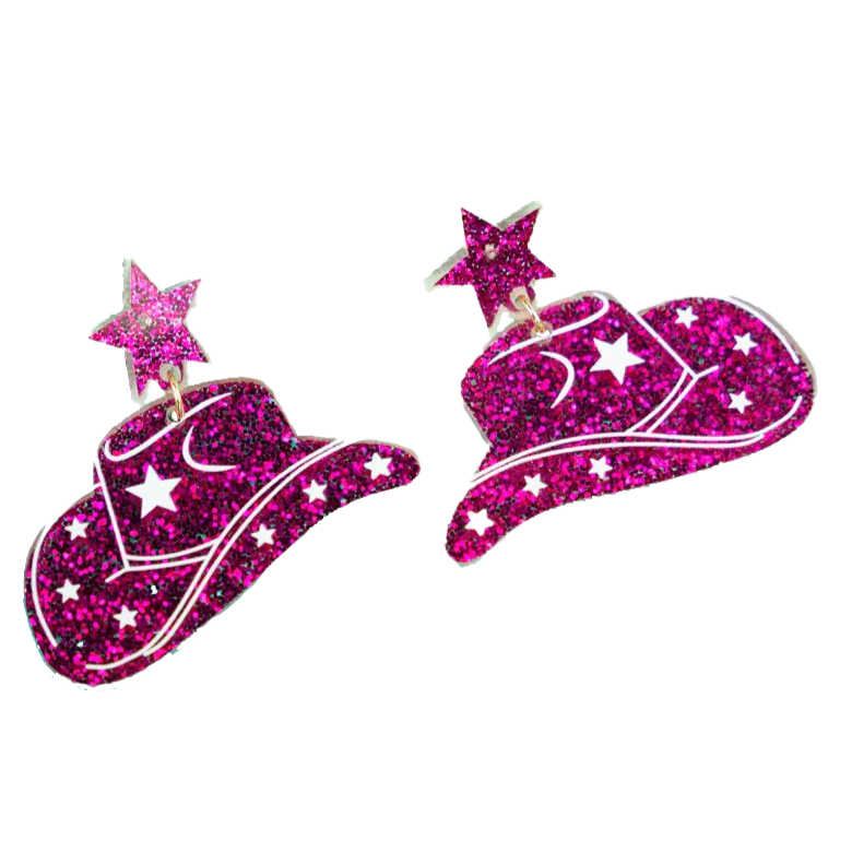 Glitter Stars and Cowboy Hat Drop Earring | Pink