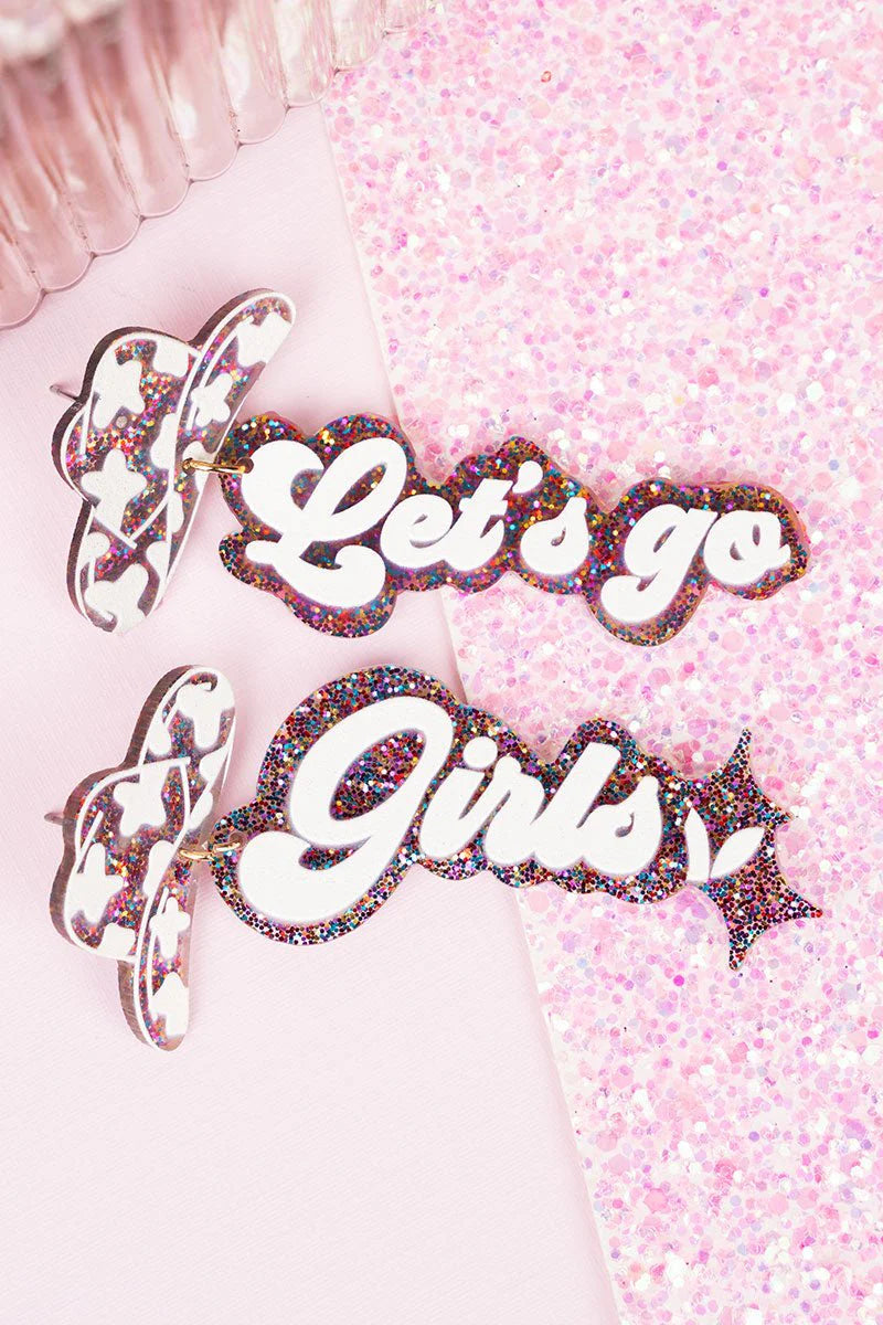 "Let's Go Girls" Cowboy Hat Glitter Dangle Earrings Pink