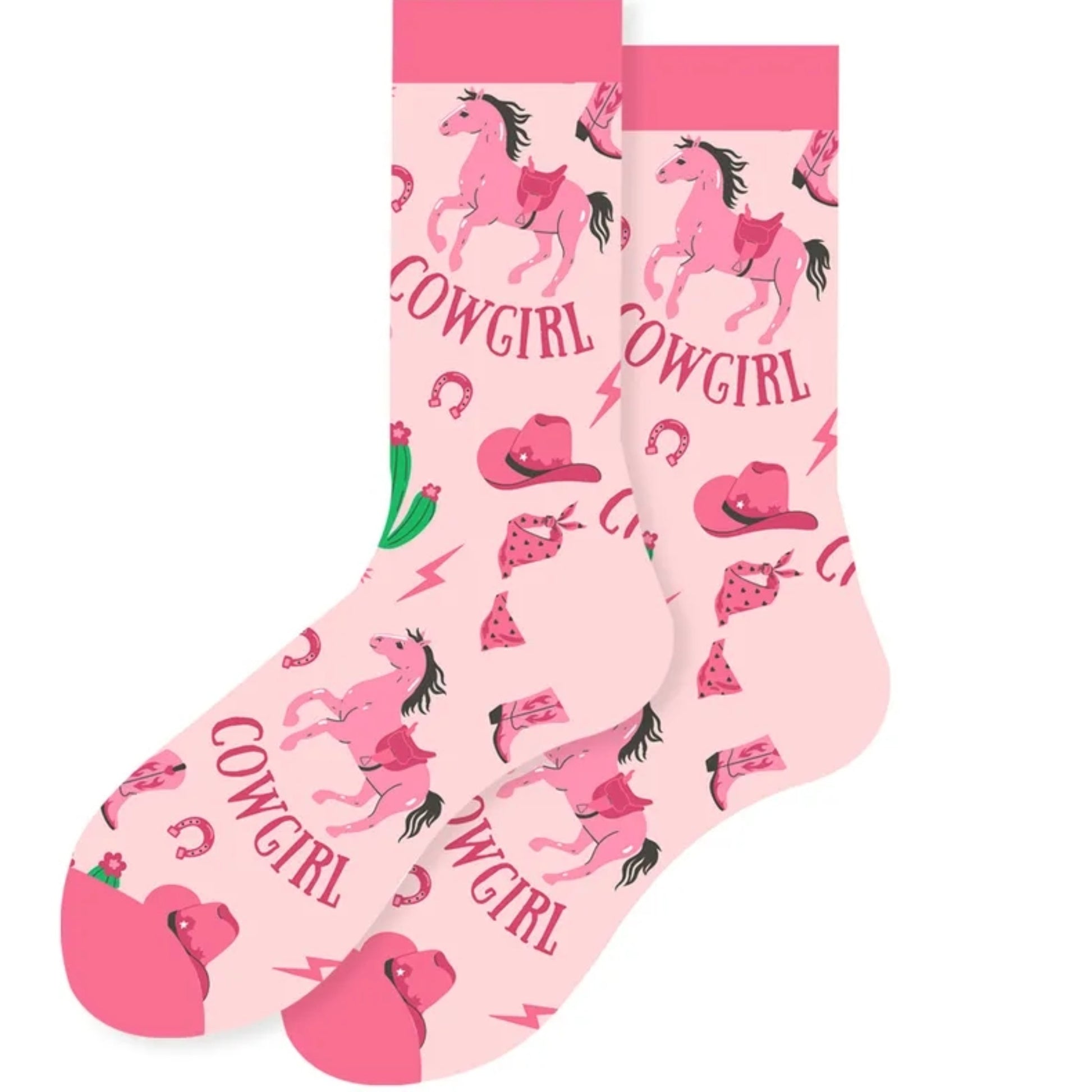 Pink socks with cowgirl-themed designs on a light pink background