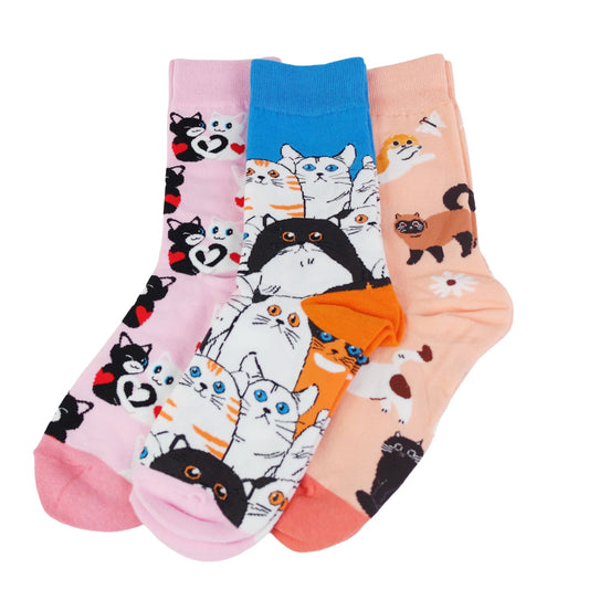 Set of four socks with cat patterns on a white background