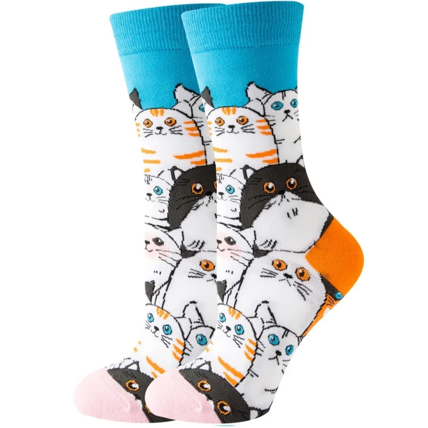 Pair of socks with cat pattern and blue cuff on a white background