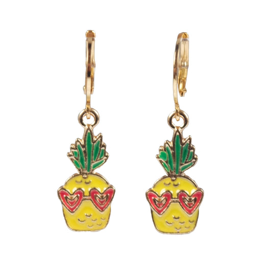 Sweet Tiny Pineapples with Pink Heart Sunglasses Hugger Dangle Earrings