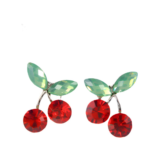A pair of cherry-shaped rhinestone earrings in red and green with silver stud backs.