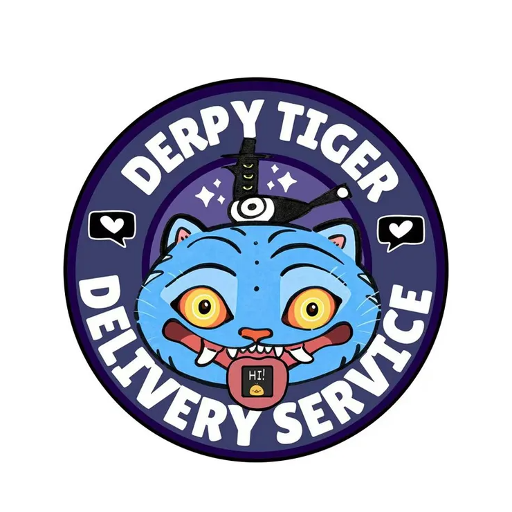 Logo of Derpy Tiger Delivery Service with a blue tiger face and text on a white background