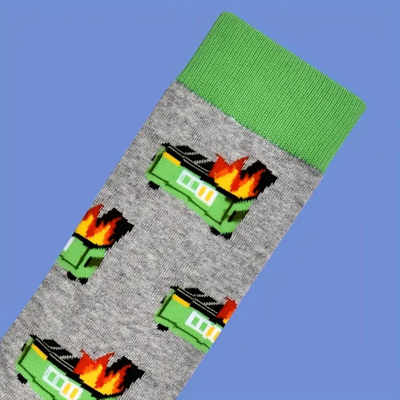 Sock with green and gray pattern on a blue background