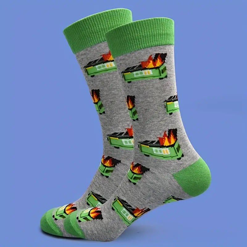 Gray socks with green tops and flames pattern on a blue background