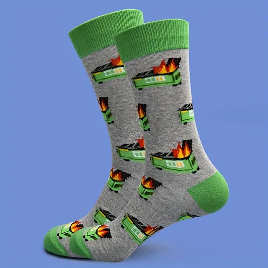 Gray socks with green tops and flames pattern on a blue background
