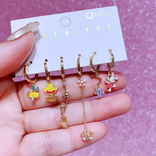 Mismatched Earring Cartilage Piercing Set Gold Tone Rhinestone Winnie The Pooh Icons