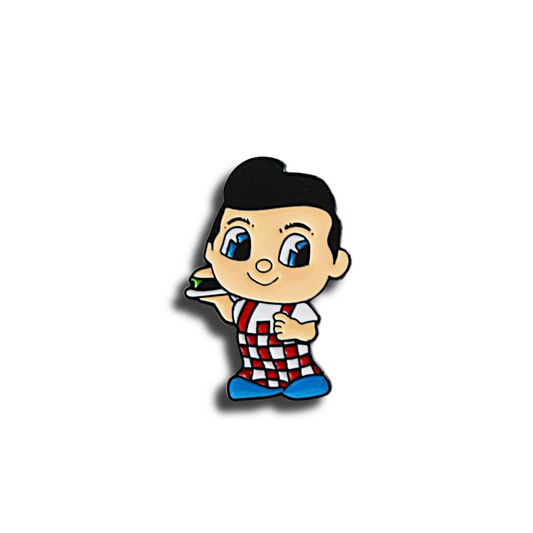 Close-up of a retro Bob’s Big Boy enamel pin featuring the classic burger mascot in red checkered overalls and blue shoes.