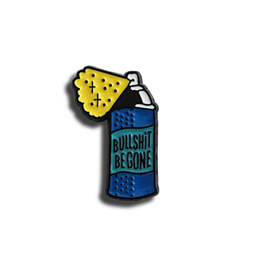 Enamel pin with a yellow spray and blue can labeled 'Bullshit Be Gone' on a white background