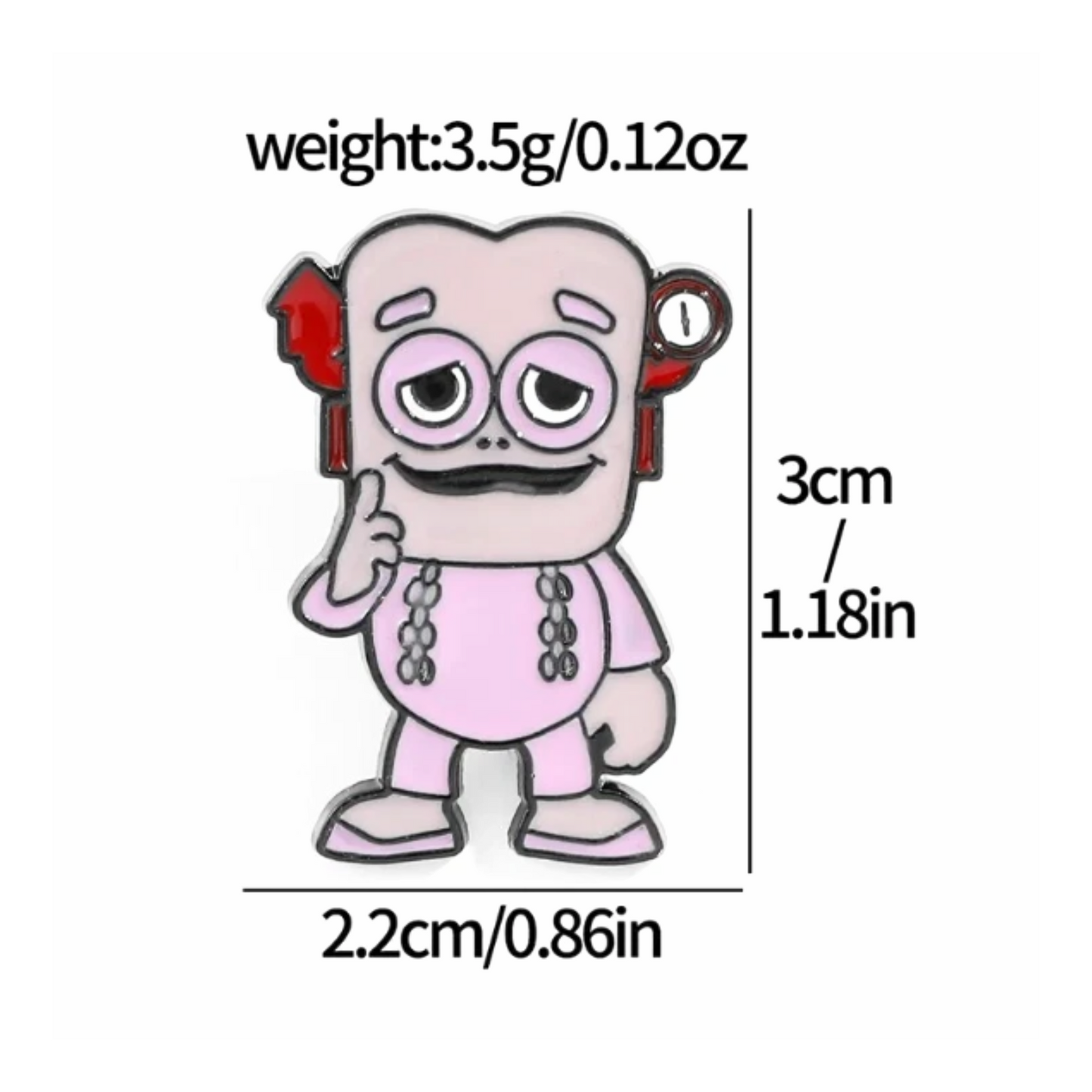 Franken-berry Monster Breakfast Cereal cartoon character with pink outfit on a white background showing measurements
