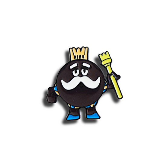 ding dong snack cake dressed as a king with staff enamel pin