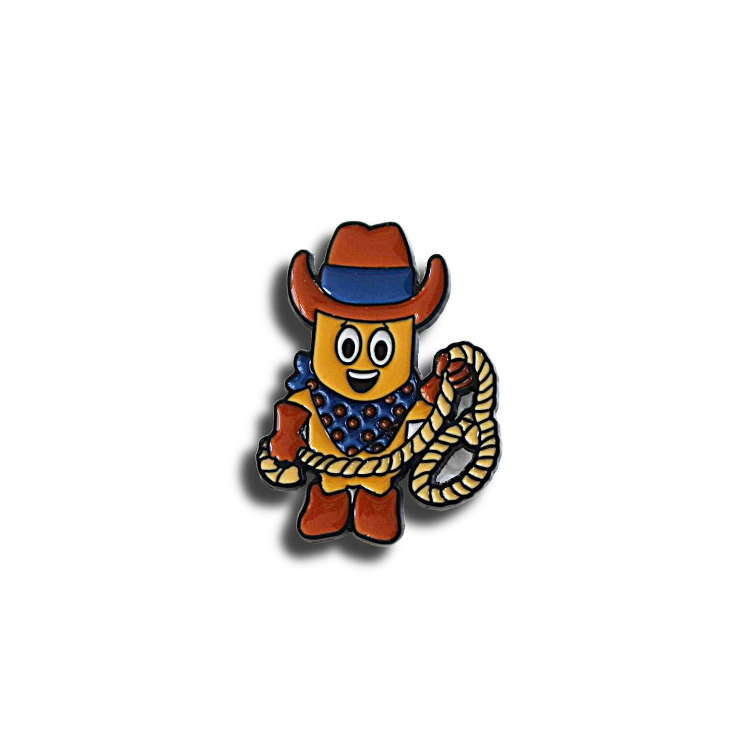 Cowboy-themed Twinkie Snack cake pin with  character holding a lasso on a white background