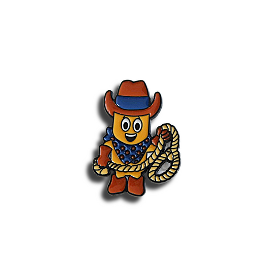 Cowboy-themed Twinkie Snack cake pin with  character holding a lasso on a white background