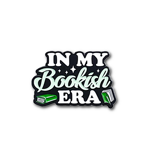 Enamel Pin with 'In My Bookish Era' text and book illustrations on a white background