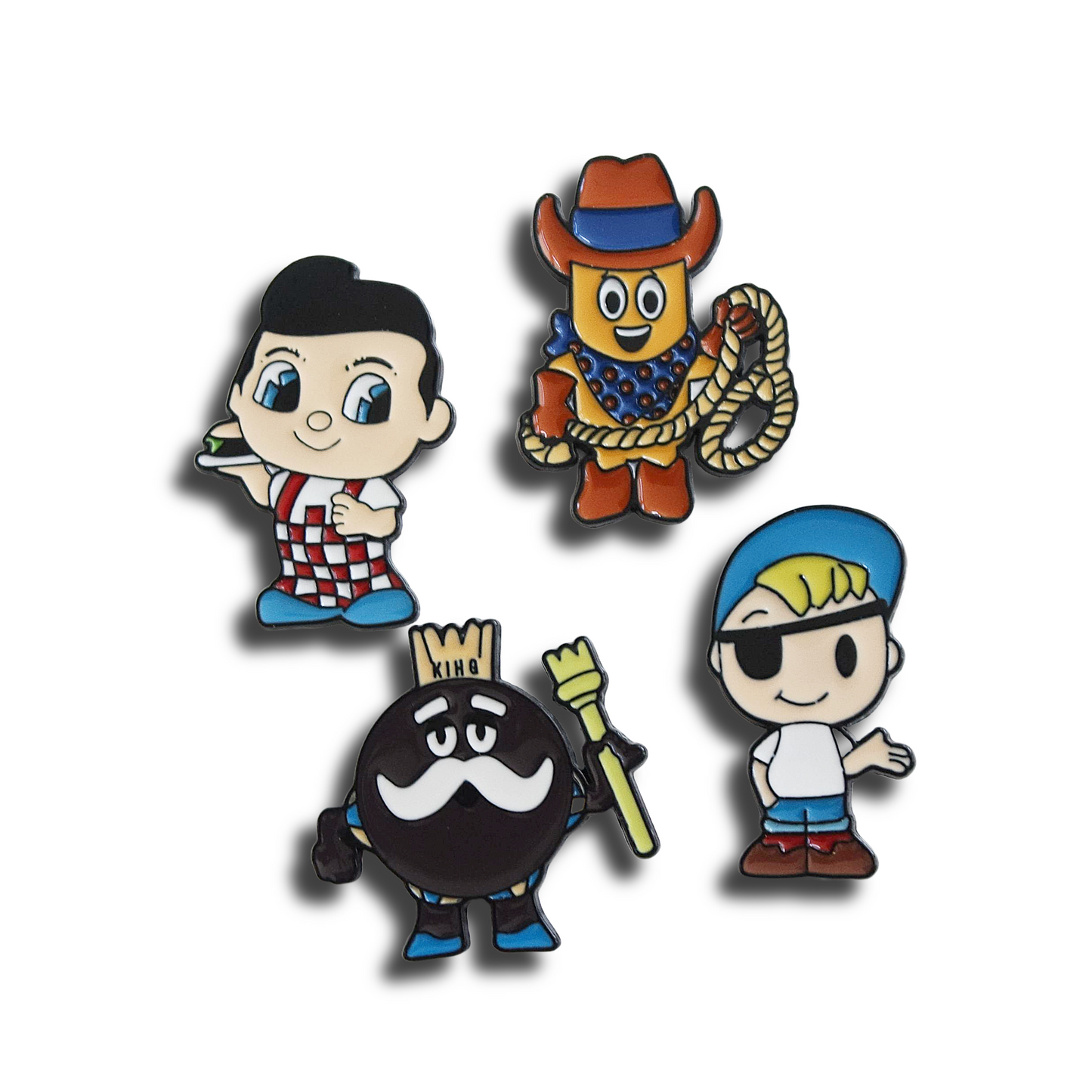 Set of four cartoon character pins on a white background