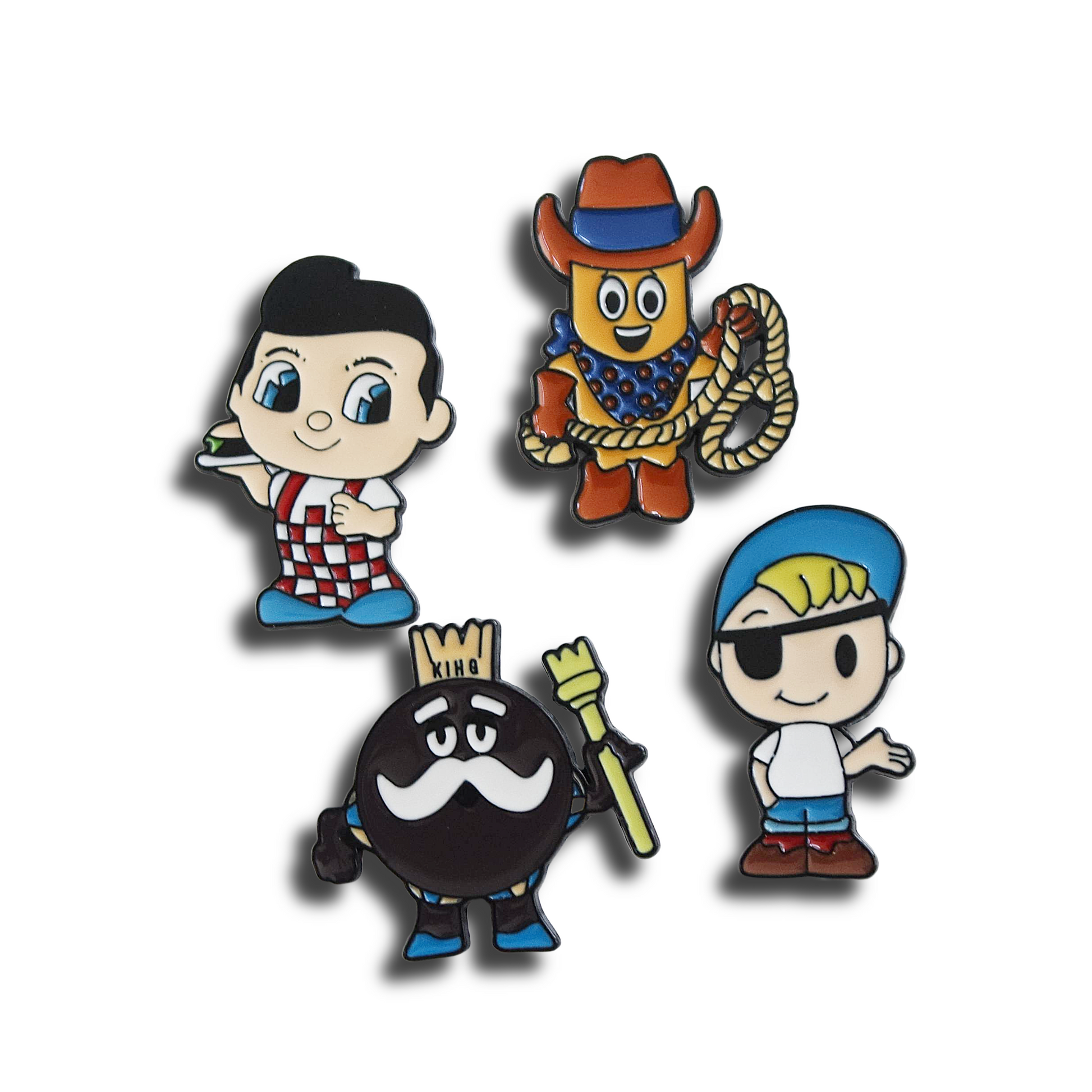 Set of four cartoon character pins on a white background