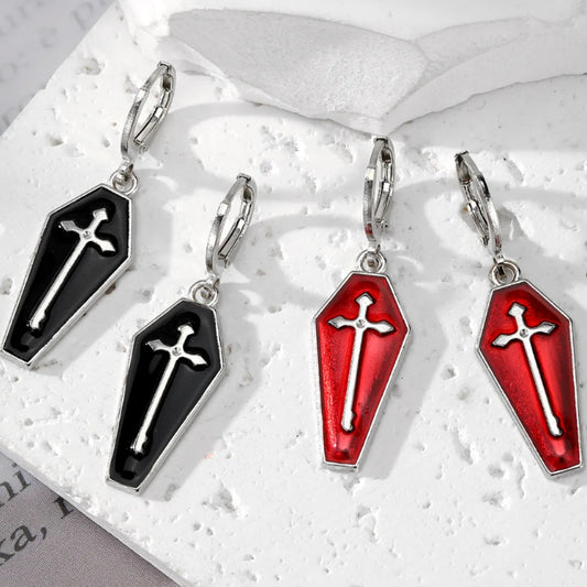 Cross Coffin Dangle Earrings Hugger Clasp in Silver Tone