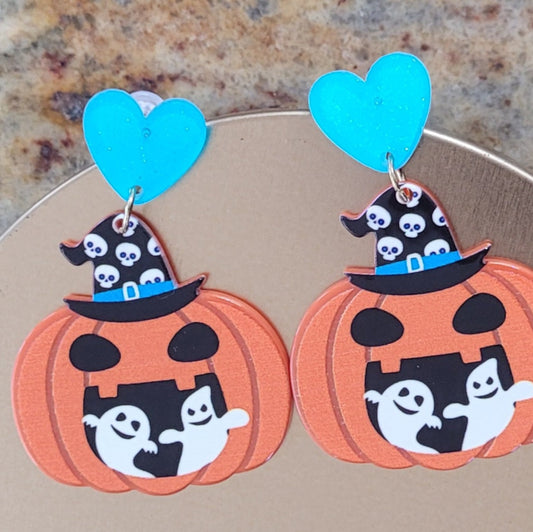 Everything Halloween Pumpkin Earrings Acrylic Dangle Lightweight on gold background