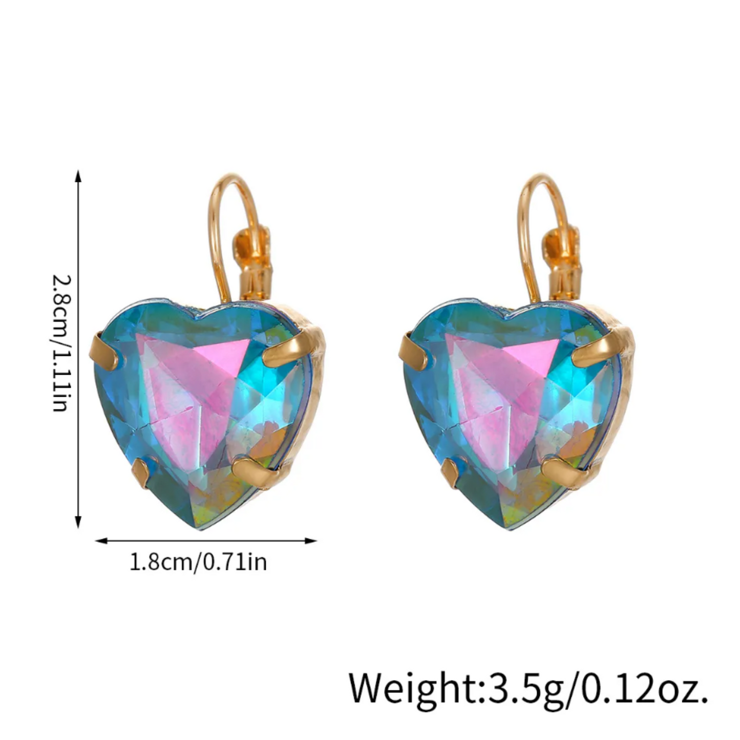 Heart-shaped earrings with colorful gemstones and gold accents, shown with measurements and weight on a white background.