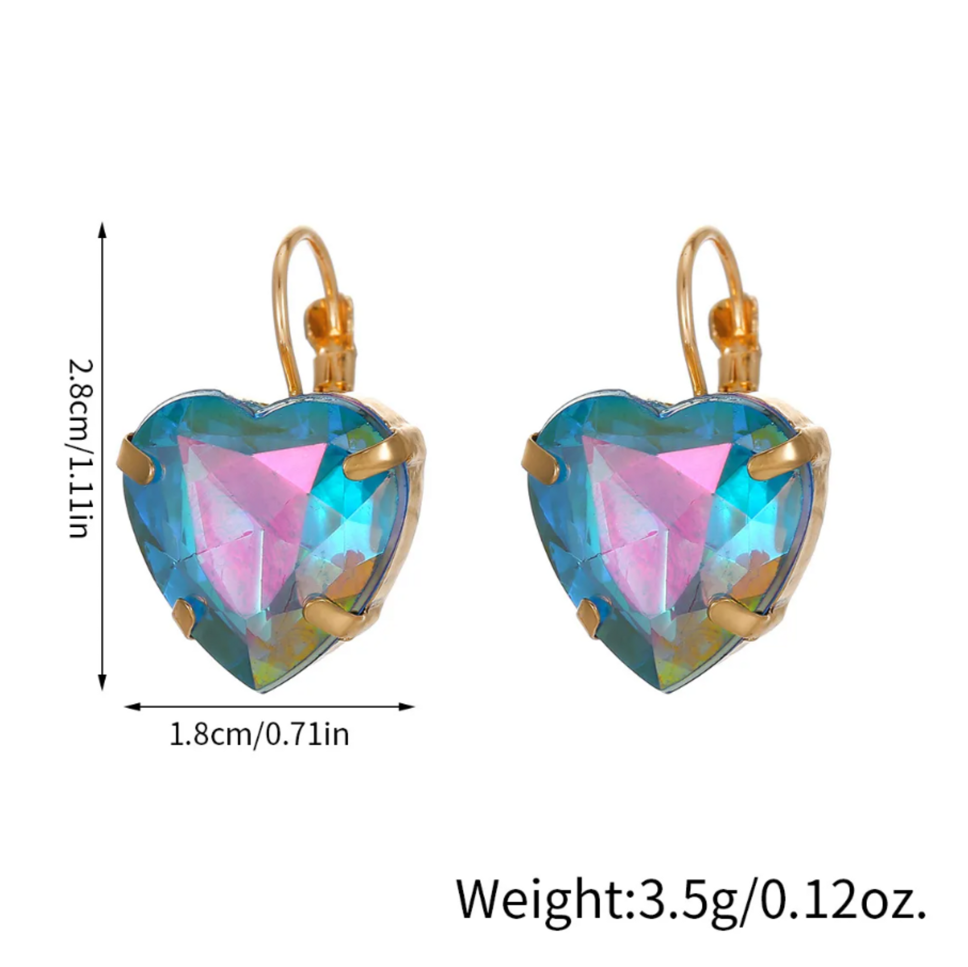Heart-shaped earrings with colorful gemstones and gold accents, shown with measurements and weight on a white background.