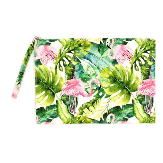 Let's Flamingle!! Tropical Flamingo Pattern Wristlet Pouch Pink and Green