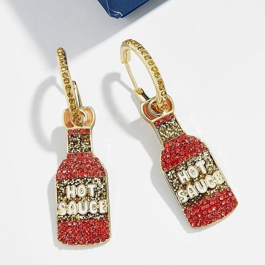 Mini Hot Sauce Bottles in Red and Gold Rhinestone Hugger Earrings