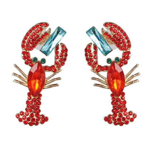 Overstated Lobster Style Rhinestone Stud Back Earrings Red Turquoise