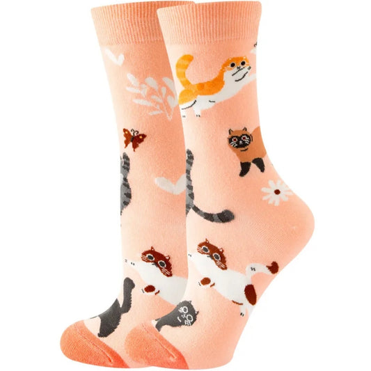 Pair of socks with cat pattern on a peach background