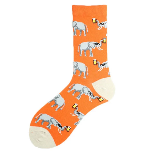 Orange sock with elephants with Beer pattern on a white background