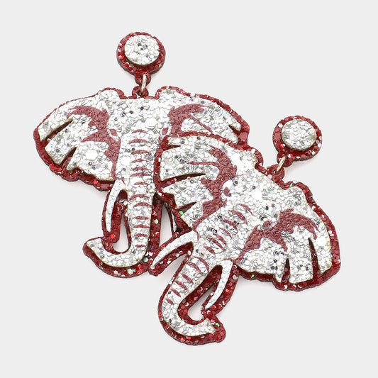Game Day Glitter Elephant Dangle Earrings Crimson Silver White