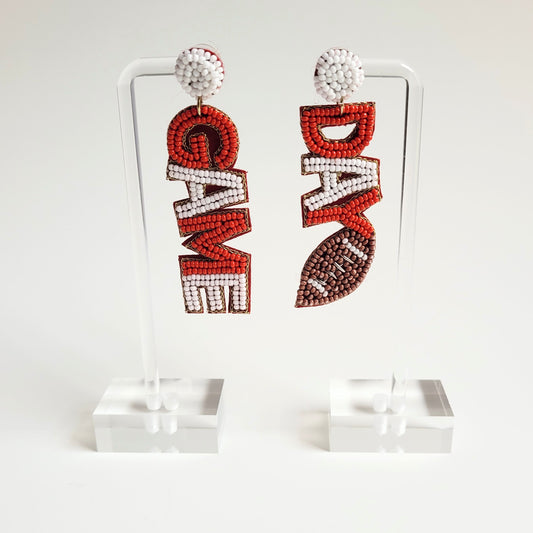 Game Day Seed Bead Football Dangle Earrings Red and White