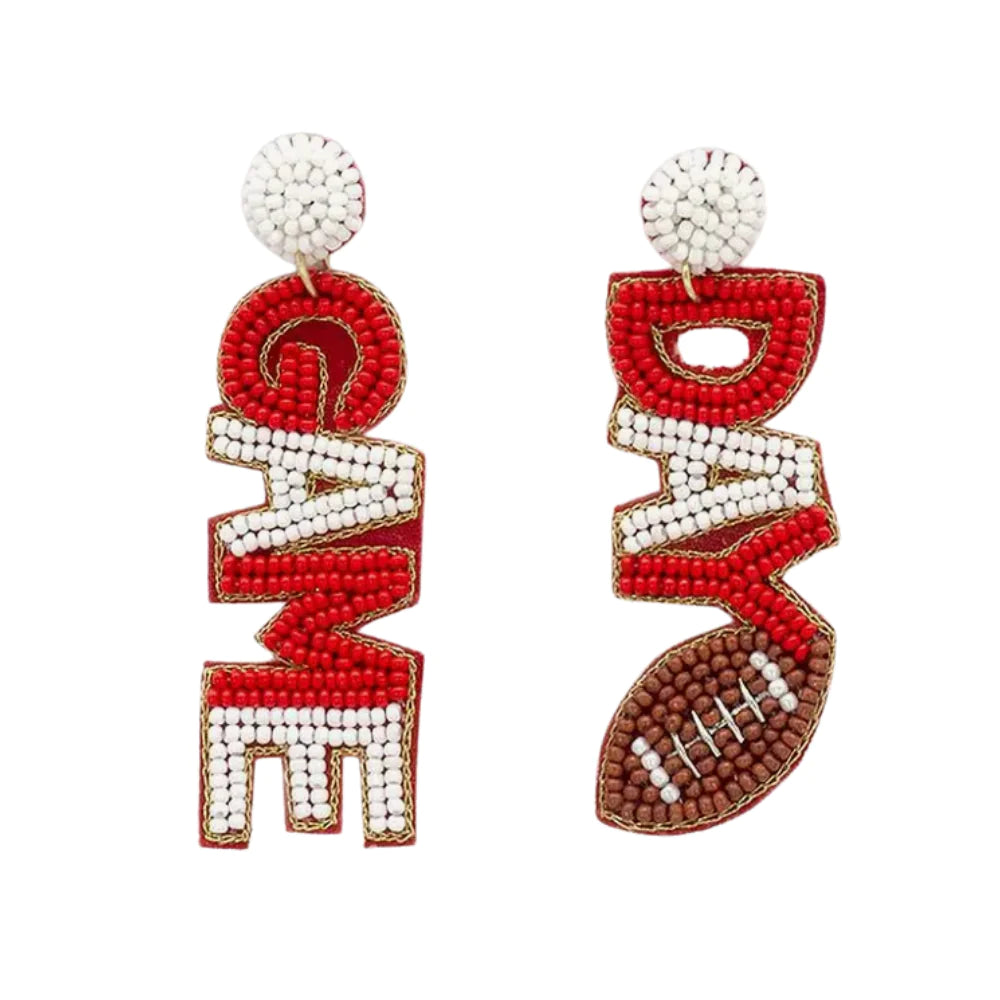 Game Day Seed Bead Football Dangle Earrings Red and White