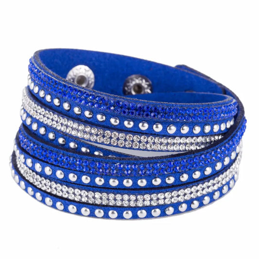 Game Day Studded Wrap Bracelet Crystal and Blue Rhinestones