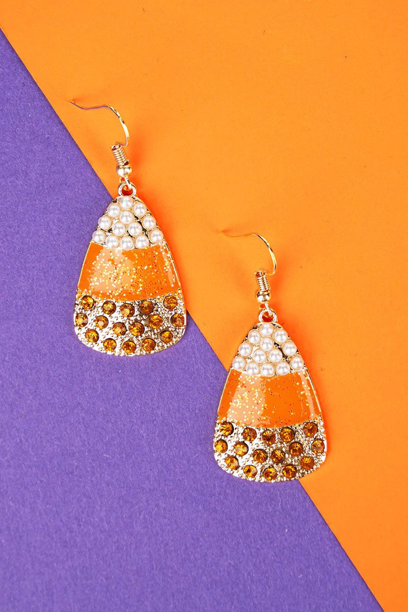 Halloween Candy Corn Crystal Pearl Enamel Earrings Orange