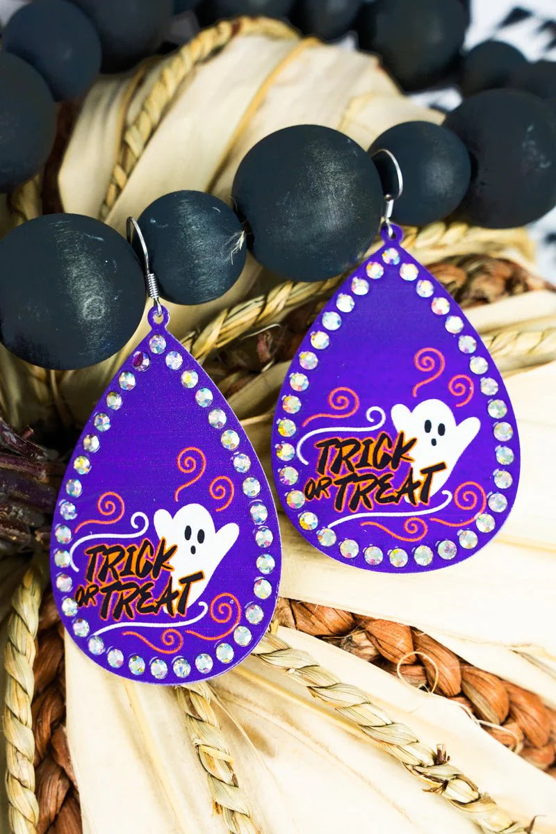 Halloween Collection Trick or Treat Ghost Earrings Bright Purple and Crystals