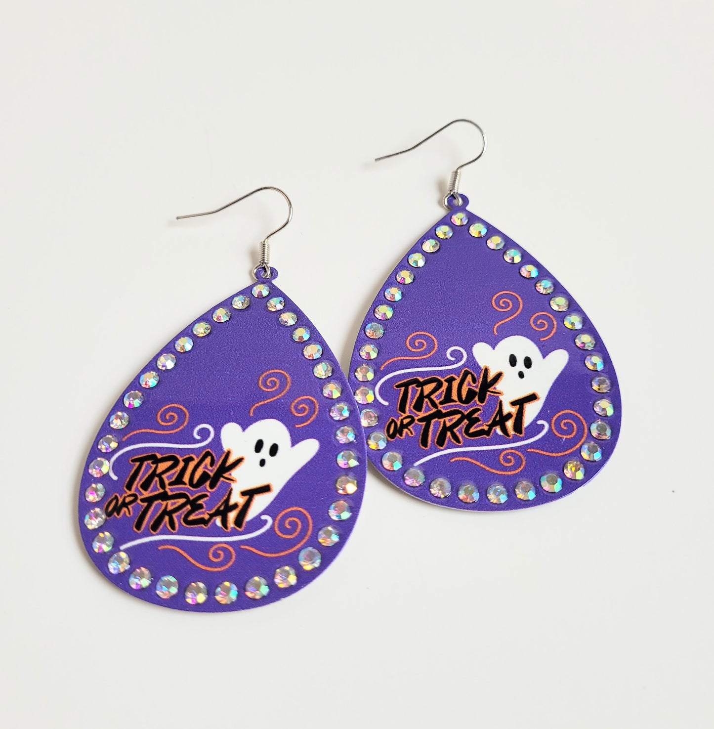 Halloween Collection Trick or Treat Ghost Earrings Bright Purple and Crystals