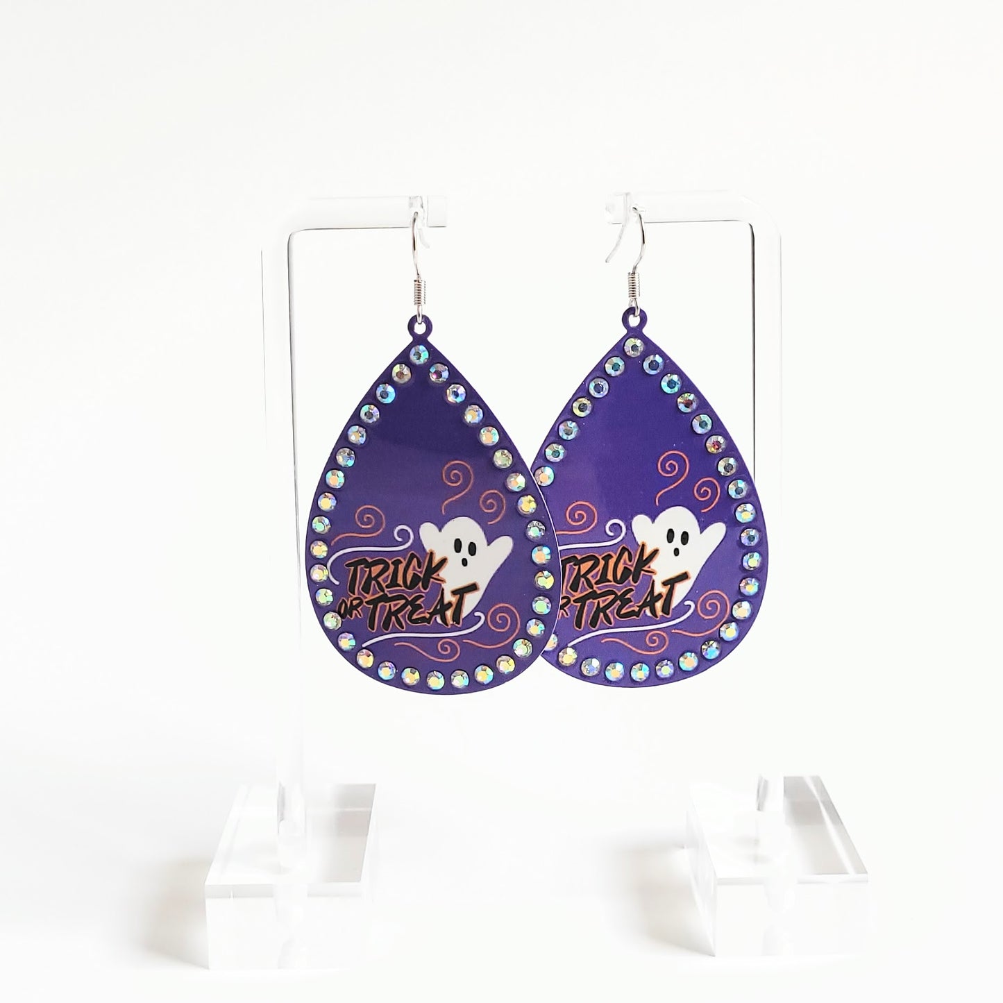 Halloween Collection Trick or Treat Ghost Earrings Bright Purple and Crystals