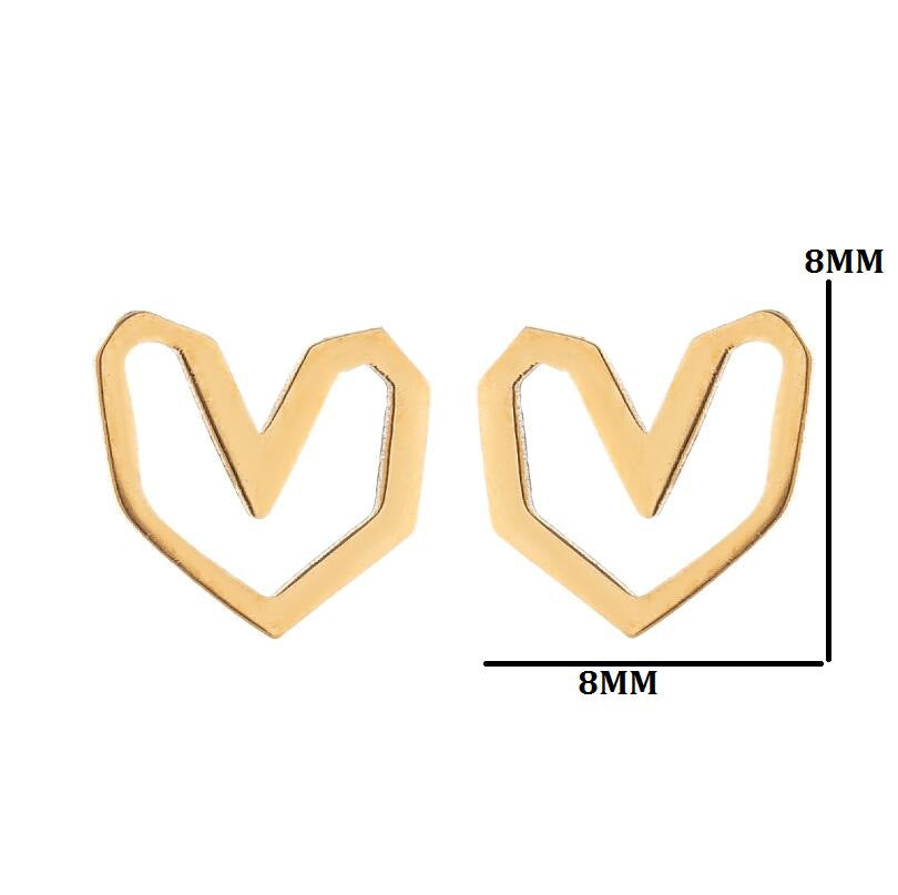 Gold heart-shaped earrings with a measurement label on a white background
