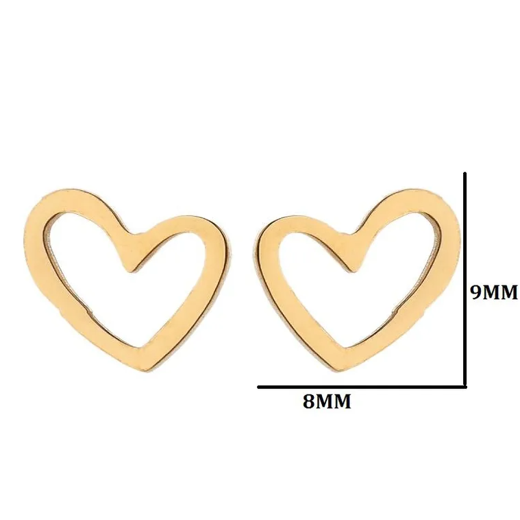 Gold heart-shaped earrings with measurements on a white background