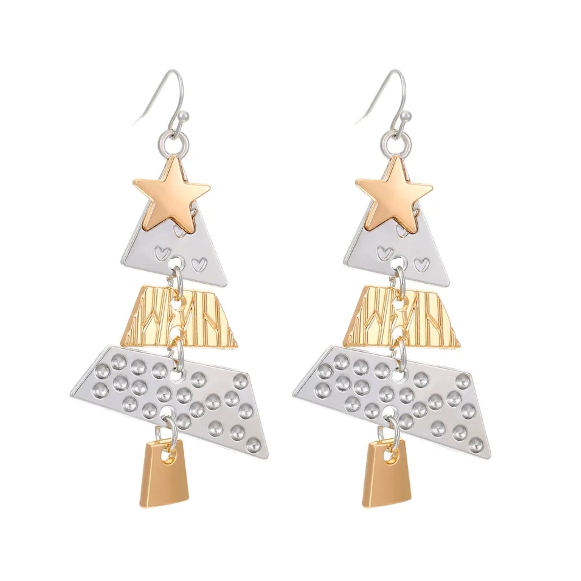 Pair of Christmas Tree earrings with geometric designs on a white background