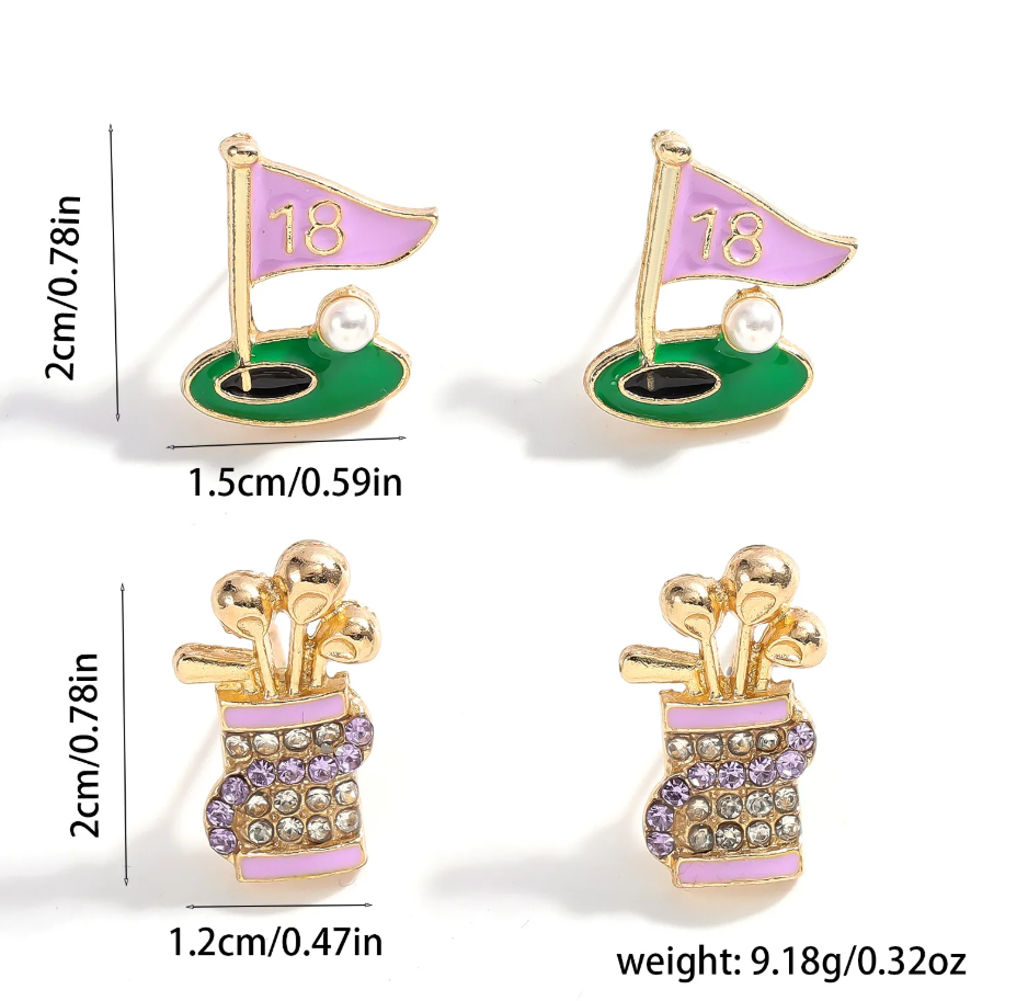 Golf Bag 18th Hole Ladies Stud Earring Set Enamel and Zircon