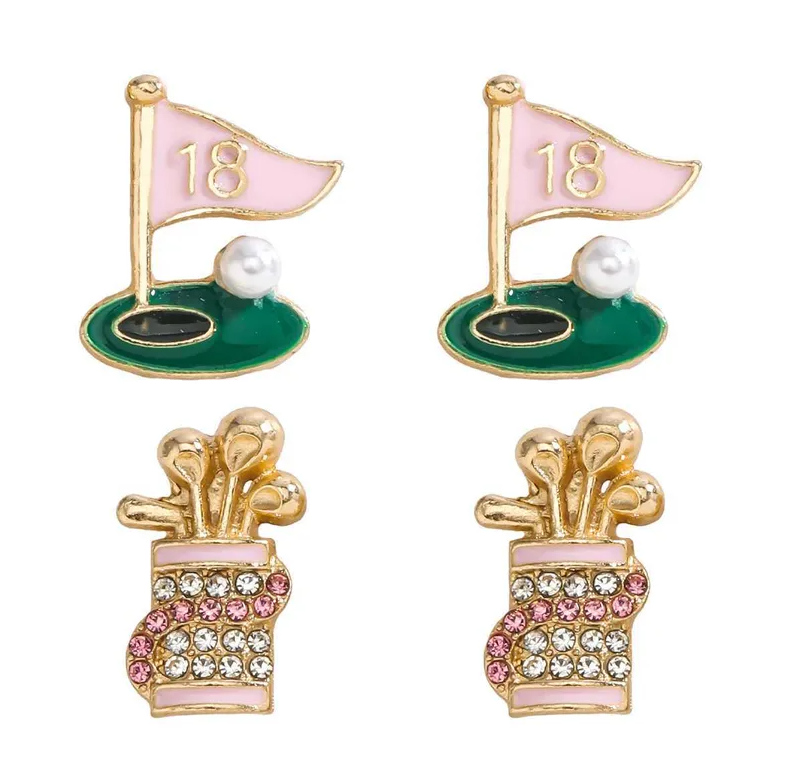 Golf-themed earrings with flags and tees on a white background