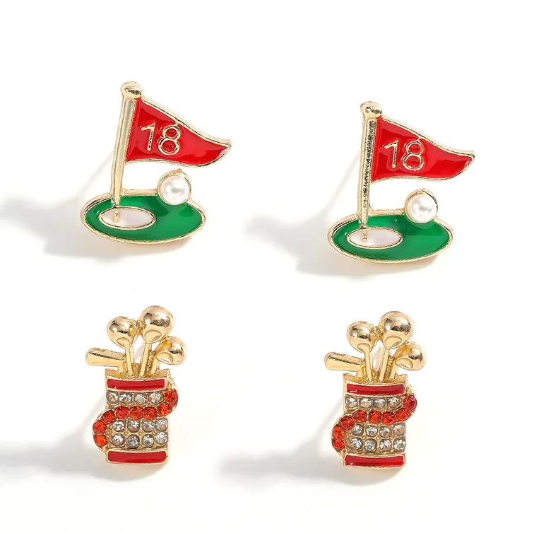 Golf Bag 18th Hole Ladies Stud Earring Set Enamel and Zircon