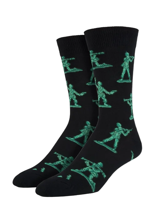 Black socks with green soldier patterns on a white background